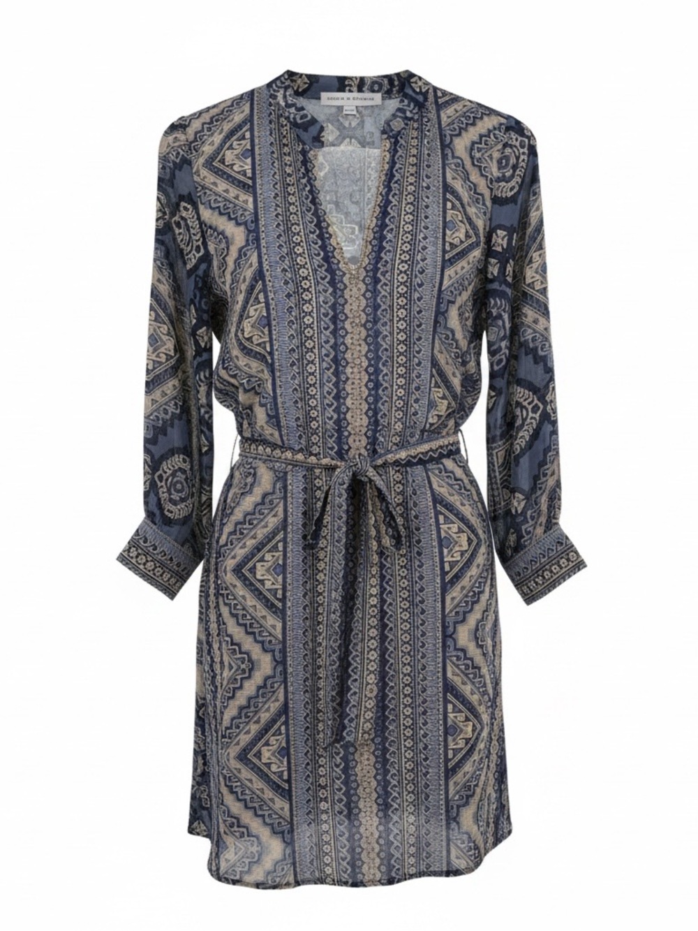 Emma & Michelle Boho Printed V-Neck Belted Dress in Navy and Beige